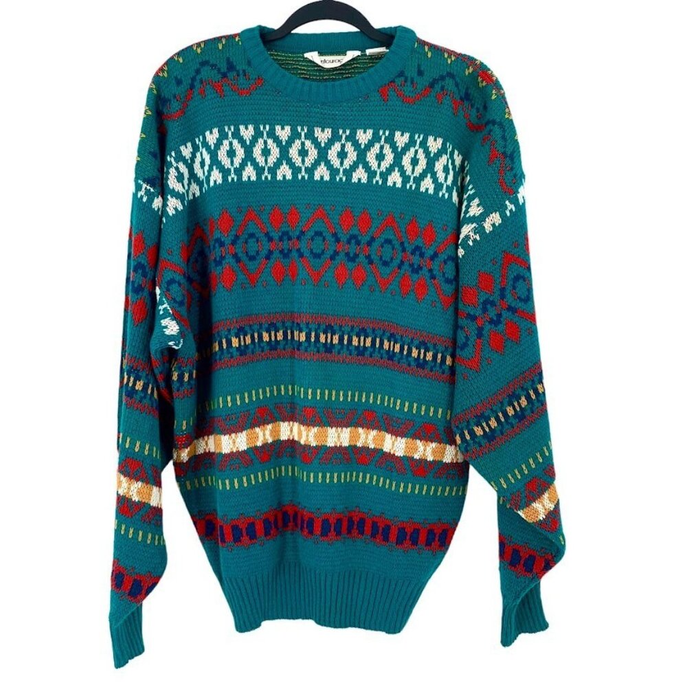 Vintage 90s Knit Sweater XL Entourage Teal Green Cabin Core Ski Lodge Vibe